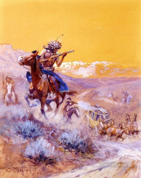 Indian Attack Indians western American Charles Marion Russell Oil Paintings